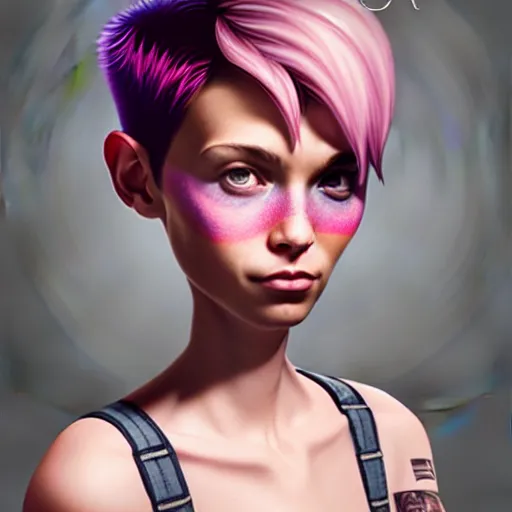 Image similar to full body pose, pixar, beautiful androgynous girl, pink pixie cut hair, torn overalls, short shorts, combat boots, fishnets, beautiful, highly detailed face, true anatomy!, extremely detailed!, digital painting, unreal engine 5, art by tom bagshaw