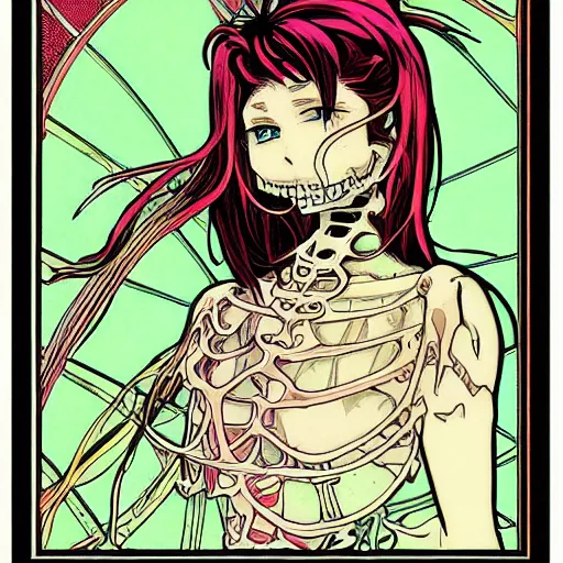 Image similar to anime manga skull portrait girl female skeleton astronaut illustration 80s comic art frank miller dirko and alphonse mucha ditko pop art nouveau