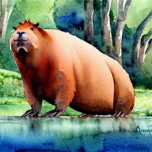 Prompt: a beautiful watercolor painting of an enormous capybara, by Antonio Guidotti, ghibli studio, detailed, matte art, trending on artstation,