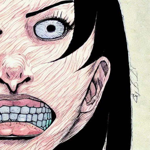 Image similar to a white girl withblack hair by junji ito, colored, realistic