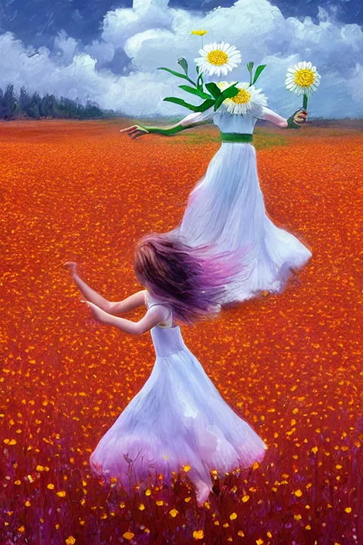 Prompt: giant white daisy flower face, girl dancing in a flower field, surreal photography, sunrise, dramatic light, impressionist painting, colorful clouds, digital painting, artstation, simon stalenhag