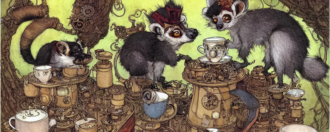 Prompt: an steampunk lemur having a cup of tea, muted colors, by rebecca guay, michael kaluta, charles vess and jean moebius giraud