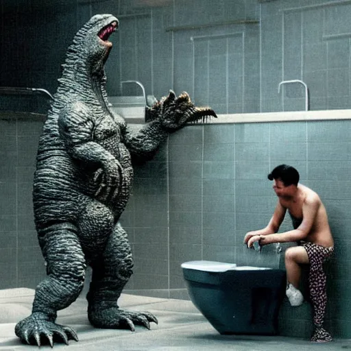 Prompt: candid photo of godzilla sitting on a gigantic toilet