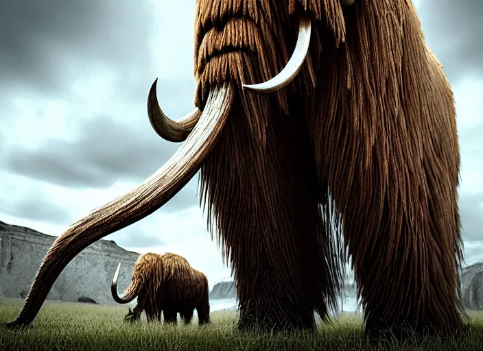 Image similar to hyperrealism, detailed textures, photorealistic, 3 d render, a surreal mystical wooly mammoth grazing, ultra realistic cinematic, intricate, cinematic light, concept art, illustration, art station, unreal engine