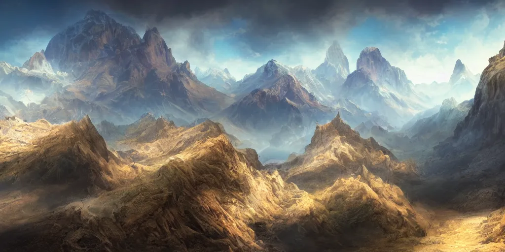 Image similar to beautiful matte painting of large mountains and canyons, fantasy