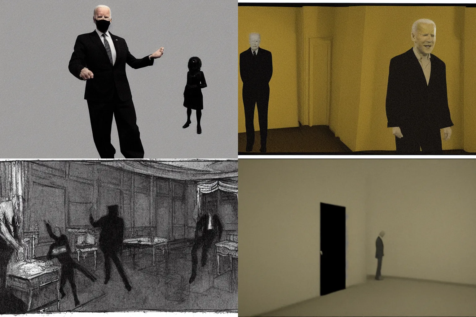 Prompt: cctv footage of an extremely dark empty room with evil horror joe biden cryptid, dark deep black shadows, in the style of trevor henderson and james ensor goya, liminal space, 3 d render