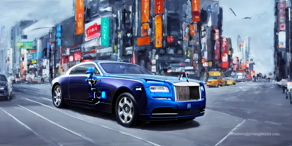 Image similar to a film still of a rolls royce wraith driving in the city of tokyo, oil painting, futuristic