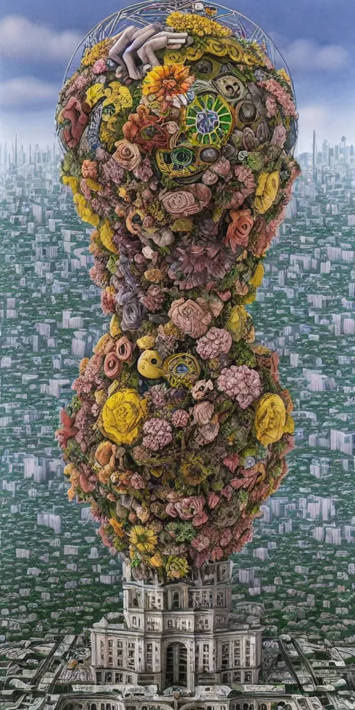 Image similar to colossal MC Escher flower in the middle of abandoned post soviet constructivist cityscape, Stalinist architecture, ultradetailed, Intricate by Hayao Miyazaki and Josan Gonzalez and Giuseppe Arcimboldo and Wes Anderson and H.R. Giger