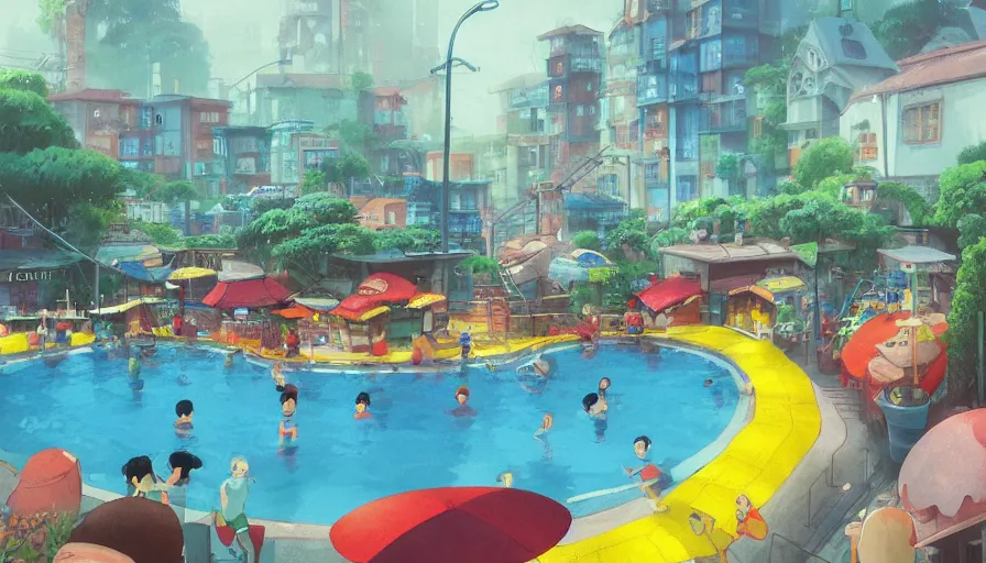 Image similar to Busytown swimming pool, optimistic colors, fun, moody, city background, by studio ghibli and greg rutkowski