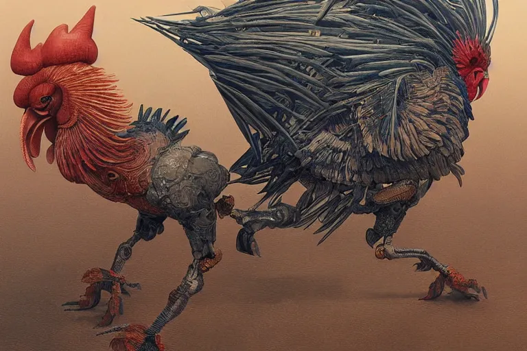 Image similar to digital painting of an ominous mechanical rooster with huge beak and talons, by wayne barlowe and bob pepper, highly detailed, intricate, sharp focus, portrait, talons, anatomy, studio ghibli color scheme, dieselpunk, retrofuturism