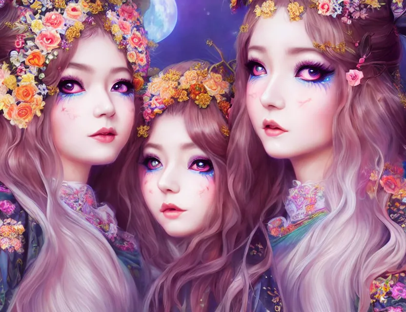 Image similar to two beautiful fashion siberian girls wear fantasy kimono in festival | | big eyes, sunny, dreamlike art, realistic shaded, smile, good looking, hyper details, 4 k realistic, cryengine, realistic shaded lighting poster by artgerm, ross tran, fuji choko, loish, 8 k resolution, trending on artstation, luxury