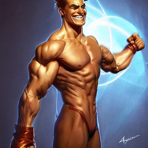 Prompt: character concept, full body, symmetrical, laughing young man with strong body. detailed, high quality, dynamic lightning, fantasy, scenematic. artwork by artgerm, wlop, alex ross, greg rutknowski, alphonse mucha