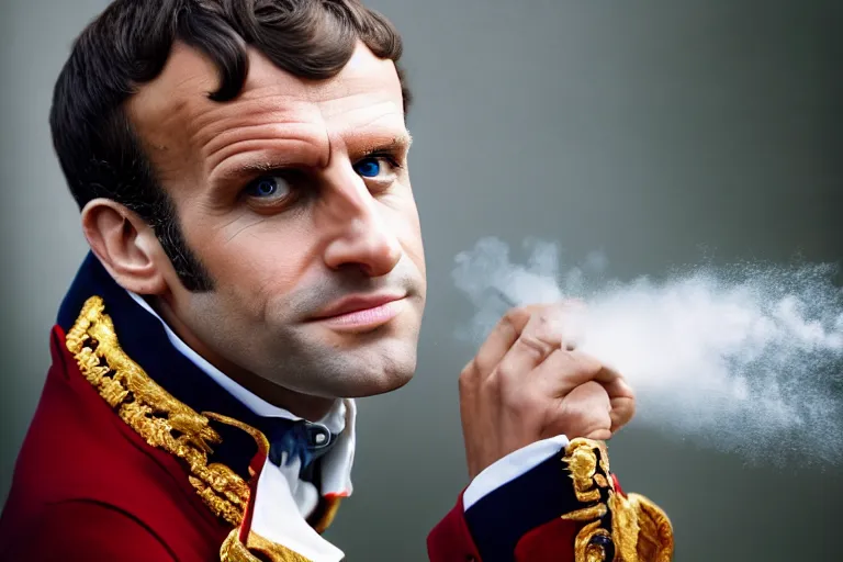 Prompt: closeup portrait of emmanuel macron dressed as napoleon firing cannons from his arms, natural light, sharp, detailed face, magazine, press, photo, steve mccurry, david lazar, canon, nikon, focus