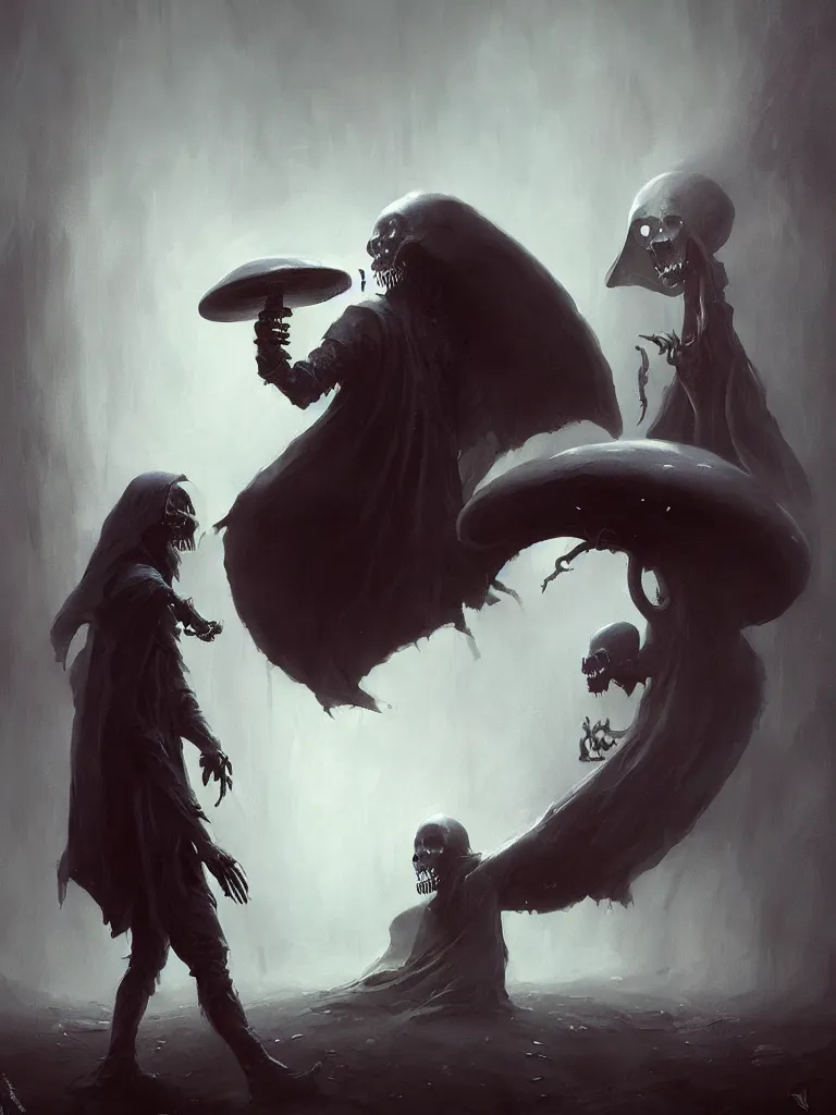 Image similar to the grim reaper stealing the soul from a humanoid mushroom. Dark fantasy art by Greg rutkowski. Trending on artstation