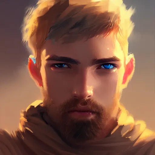 Prompt: a rugged young knight with blonde hair and blue eyes and a short beard and a scar under his left eye by Greg_Rutkowski, realistic, detailed, masterpiece, ArtStation