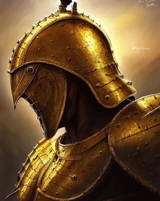 Prompt: hyper realistic side view painting of the king of the desert, angry, gold armour, sword, dramatic lighting, intricate, wild, highly detailed, digital painting, artstation, concept art, smooth, sharp focus, illustration