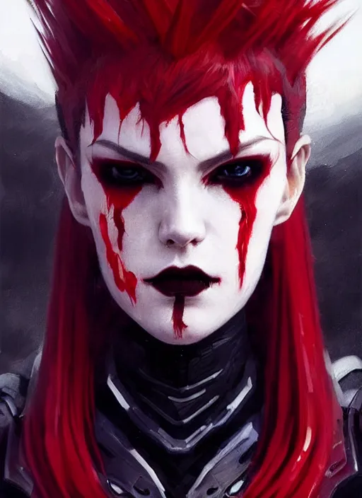 Prompt: close up painting, vampire, sci - fi armor, black and red hair, beautiful, stern face, gorgeous, face visible, scars, eyeliner, cinematic lighting, eva suit, wallpaper, extremely detailed, sharp focus, by greg rutkowski and [ [ [ wlop ] ] ], intricate, beautiful, award winning, trending on artstation, pixiv
