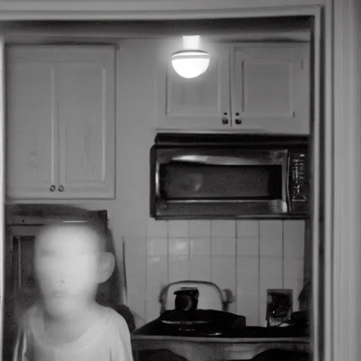 Prompt: grainy color photograph of a haunted being in a kitchen