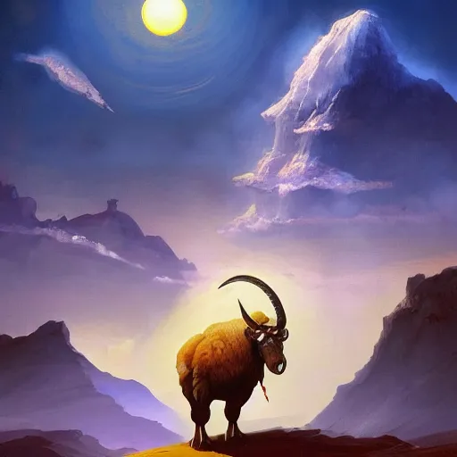 Prompt: ram caught with its horn in a bush. Desert mountain background. Sunrise. digital painting, by Frank Frazetta and Yusuke Murata, concept art, highly detailed, promotional art, HD, digital painting, trending on ArtStation, golden ratio, rule of thirds