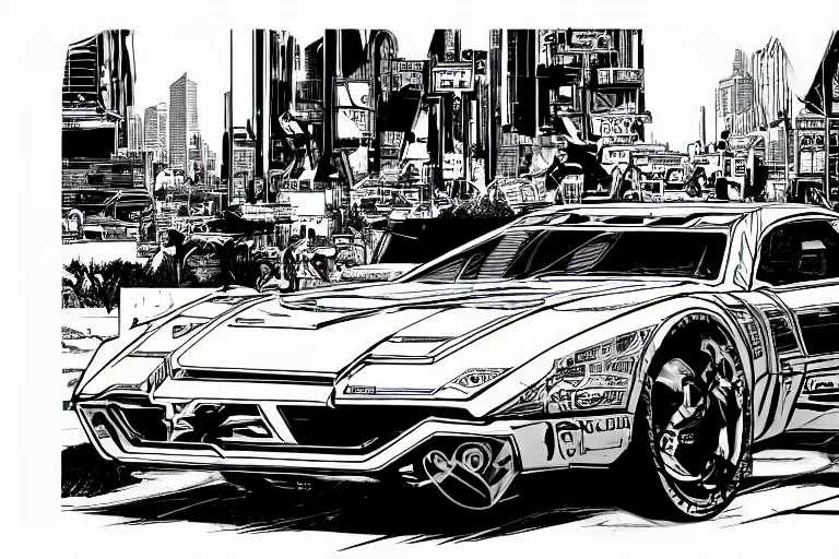 Prompt: ford concept car, a page from cyberpunk 2 0 2 0, style of paolo parente, style of mike jackson, adam smasher, johnny silverhand, 1 9 9 0 s comic book style, white background, ink drawing, black and white