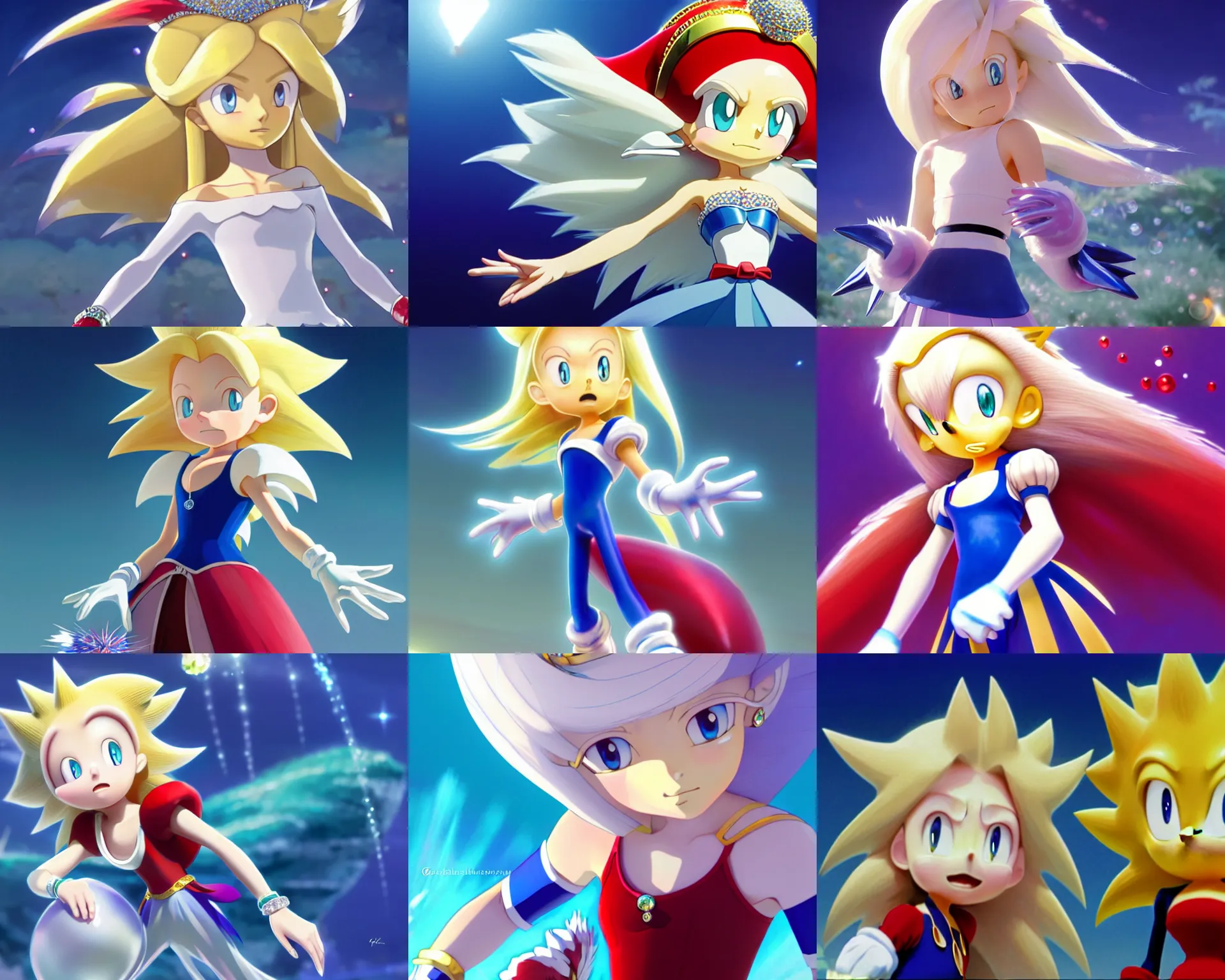 Prompt: young female urchin carrying colorful diamonds, long dirty blonde hair and blue eyes, white puffy outfit, detailed perfect face, exquisite details, mid view, design on a dark crimson background, by studio muti, greg rutkowski makoto shinkai takashi takeuchi studio ghibli, sonic the hedgehog chaos emeralds, the master emerald