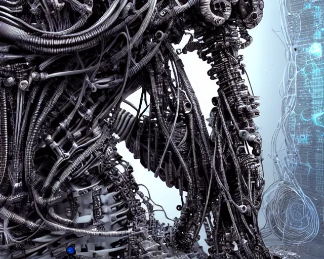 Image similar to photo of a biomechanical torso of a cyborg plugged into a quantum computer with cables and wires and optic fibers. cyberpunk horror style. art by luis royo. highly detailed 8 k. intricate. nikon d 8 5 0 5 5 mm. award winning photography.