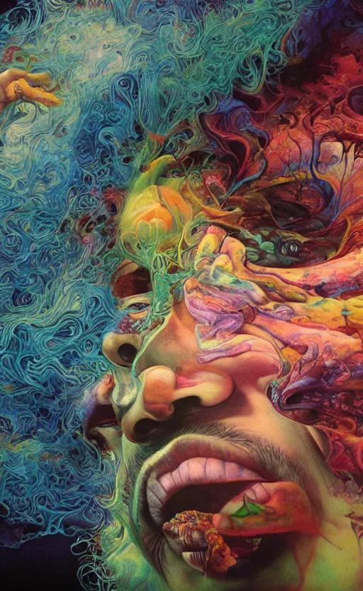 Image similar to ultrawide angle colour masterpiece surreal closeup portrait photography of jimi hendrix playing on stage by miho hirano and annie leibovitz and michael cheval, weird surreal epic psychedelic complex biomorphic 3 d fractal landscape in background by kilian eng and roger dean and salvador dali and beksinski, 8 k