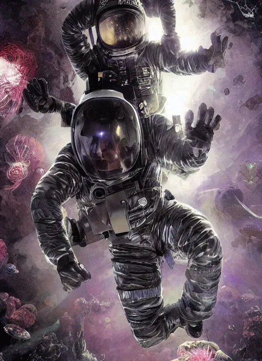 Image similar to astronauts in dark void underwater - complex and hyperdetailed technical suit. reflection and dispersion materials. rays and dispersion of light. volumetric light. f / 3 2. noise film photo. flash photography. ultra realistic, wide angle. poster by wayne barlowe, hajime sorayama aaron horkey, craig mullins