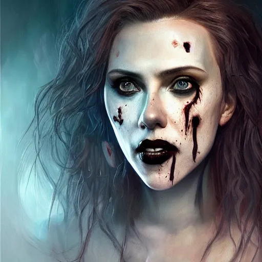 Prompt: detailed portrait of scarlett johansson as a cute undead zombie goth monster girl, beautiful, fantasy, intricate, elegant, highly detailed, digital painting, artstation, concept art, matte, sharp focus, illustration, art by aenaluck, artgerm and roberto ferri and greg rutkowski, epic fantasy, digital painting