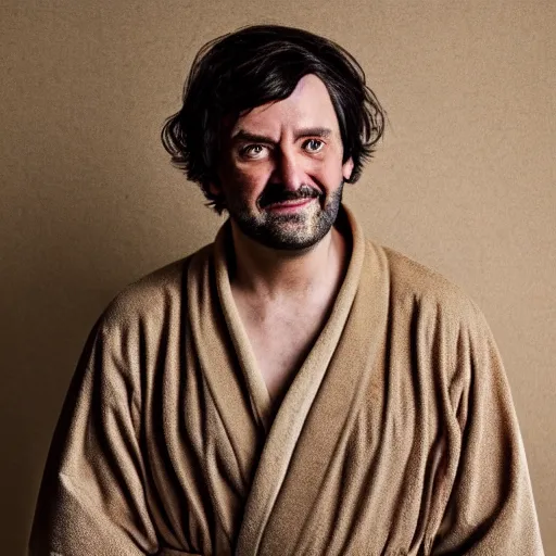 Prompt: richard iv the roman king, excited real human wearing beige bathrobe, soft studio lighting, sigma lens photo, he is dancing