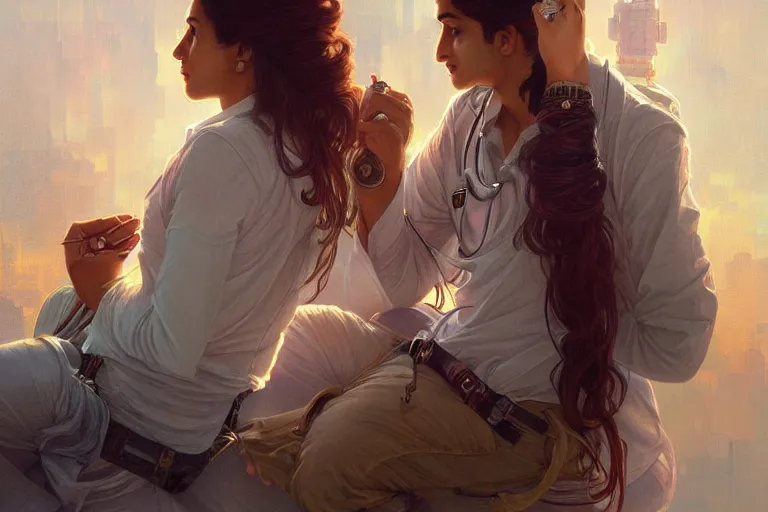 Image similar to Sensual good looking pale young Indian doctors wearing jeans in a space elevator above Earth, portrait, elegant, intricate, digital painting, artstation, concept art, smooth, sharp focus, illustration, art by artgerm and greg rutkowski and alphonse mucha