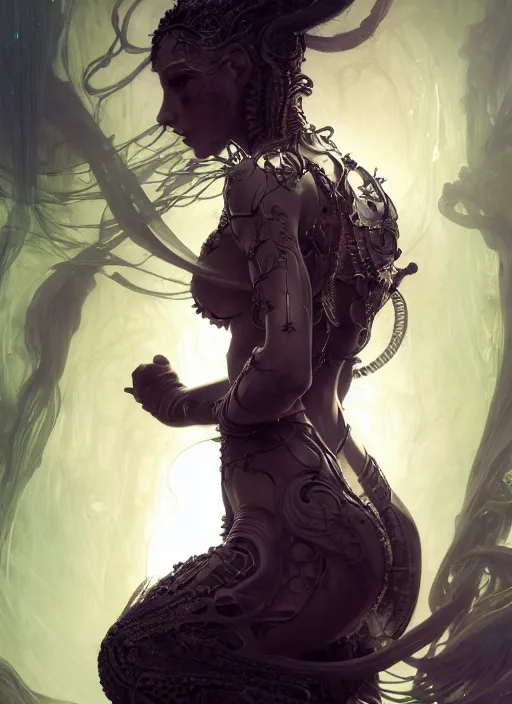 Image similar to beautiful hyper detailed woman covered by black oil, intricate lights, venomize, phoenix, bio luminescent, plasma, by ruan jia and artgerm and range murata and wlop and ross tran and william - adolphe bouguereau and beeple. key art. fantasy illustration. award winning, artstation, intricate details, realistic, 8 k.