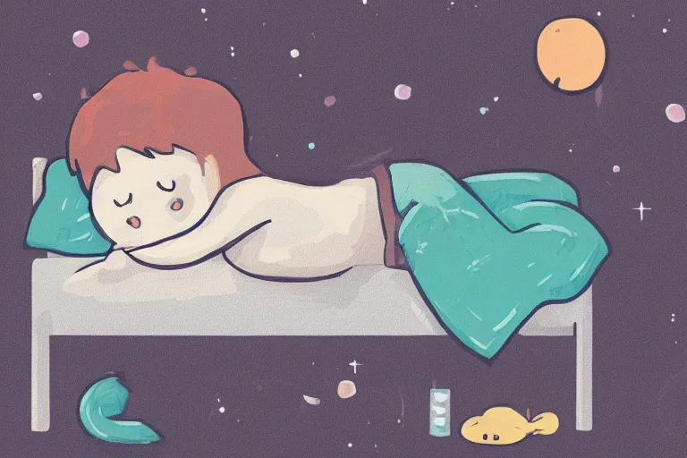 Image similar to Digital illustration of a kid sleeping on his bed at night, cute