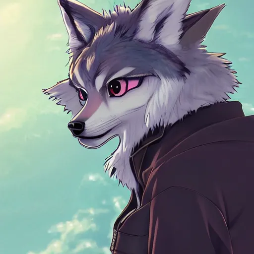 Image similar to key anime visual portrait of an anthropomorphic anthro wolf fursona, in a jacket, with handsome eyes, official modern anime art