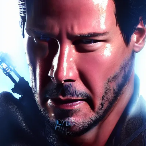 Image similar to Keanu Reeves as terminator , muscle extremely detailed, fantastic details full face, mouth, trending on artstation, pixiv, cgsociety, hyperdetailed Unreal Engine 4k 8k ultra HD, WLOP