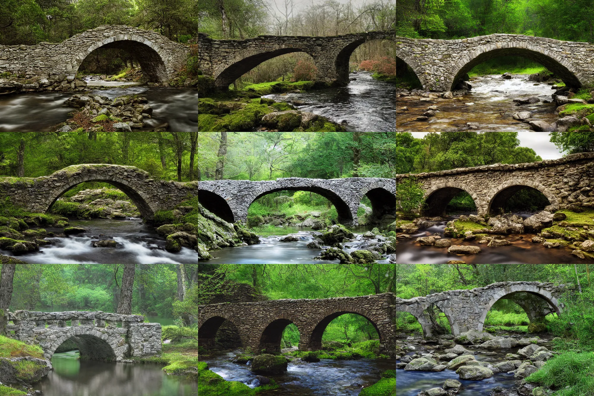 Prompt: an old arched stone bridge over a river, drak forest, ancient, inreal engine, photo realistic, landscape, 8k