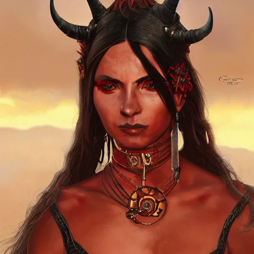 Prompt: portrait of a female berber tiefling, red skin, devil horns, black hair, ponytail, steel chestplate, in a desert, fantasy, intricate, elegant, highly detailed, digital painting, artstation, concept art, character art, smooth, sharp focus, illustration, art by greg rutkowski and alphonse mucha