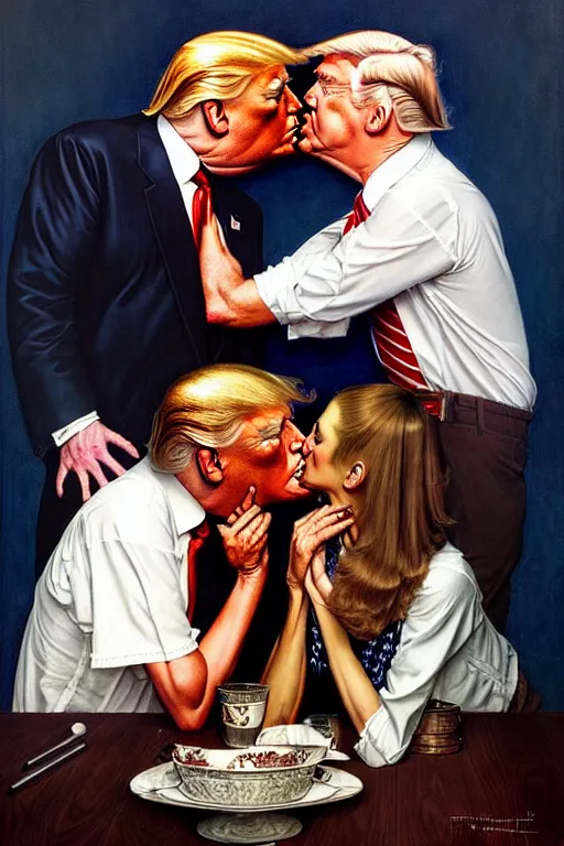 Prompt: norman rockwell painting of donald trump kissing himself donald trump, by anna podedworna, bayard wu, greg rutkowski