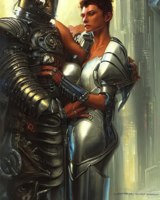 Prompt: a painting of a man in armor holding a woman, cyberpunk art by greg staples and by thomas blackshear and by michael whelan, cgsociety, fantasy art, dystopian art, androgynous, poster art