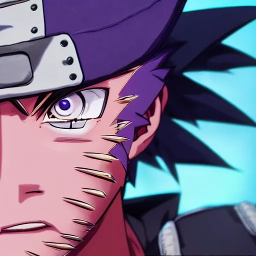 Image similar to close up portrait of a naruto in smooth purple ninja uniform, blue spiked hair, muscular, intense, body of an ultrafine hyperdetailed illustration by kim jung gi, irakli nadar, intricate linework, sharp focus, bright colors, octopath traveler, final fantasy, unreal engine 5, global illumination, radiant light.