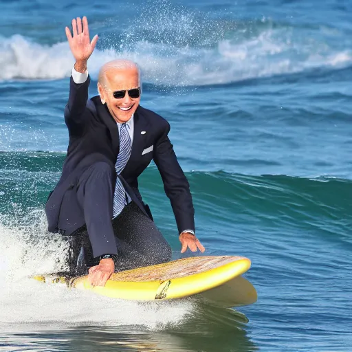 Image similar to joe biden surfing on a crocodile