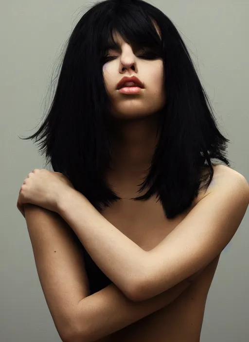 Prompt: black haired model beauty half body portrait greg kutkowski sharp details soft light