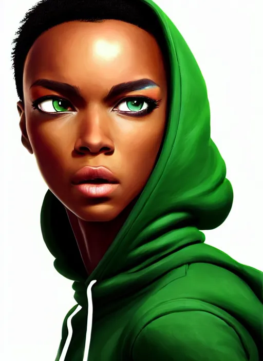 Prompt: photographic portrait of an handsome young black woman with a mohican haircut and green eyes in a back hoodie, flat lighting, elegant, highly detailed, digital painting, artstation, concept art, sharp focus, star wars, illustration, art by akira toriyama