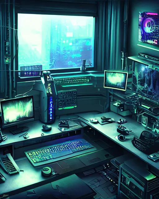 Image similar to artstation cyberpunk scifi scene of a complex computer workstation in a small studio apartment room, many monitors, many electronics, a window view, very detailed, maximalism, ambient occlusion, volumetric light, atmospheric haze, unreal engine, hyper realism, realistic shading, cinematic composition, realistic render, octane render, detailed textures, photorealistic, wide shot