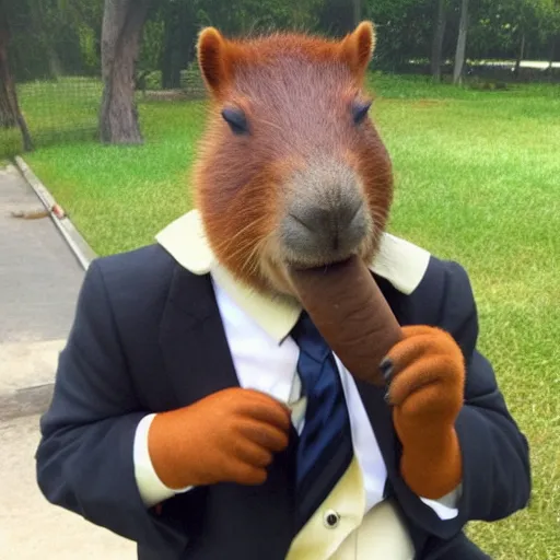 Image similar to an accurate capybara wearing a business suit and smoking a cigar in his mouth