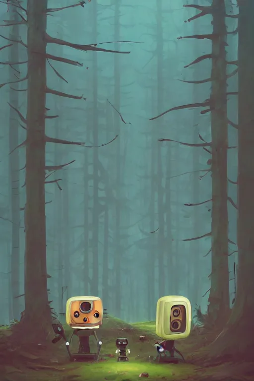 Prompt: Cute little robot lost in the forest art style by Simon Stålenhag, , trending on artstation, artstationHD, artstationHQ, 4k, 8k