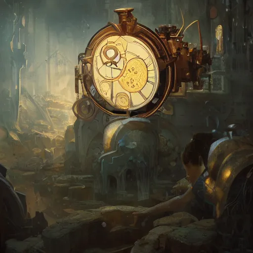 Image similar to clockwork genesis, 4 k oil on linen by wlop, artgerm, andrei riabovitchev, nuri iyem, james gurney, james jean, greg rutkowski, highly detailed, soft lighting 8 k resolution