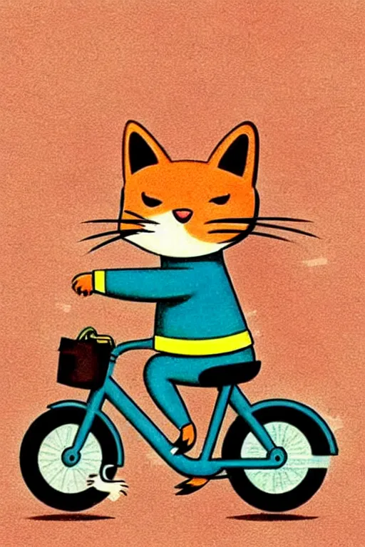Image similar to by richard scarry!!!!!!!!!!!!!!!!!!!!!!!!!!! a cat riding a bike. a 1 9 5 0 s retro illustration. muted colors, detailed