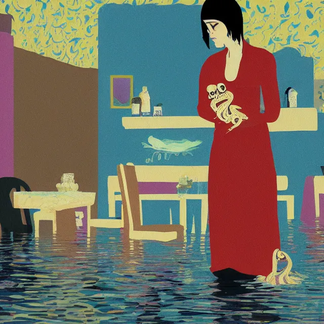 Image similar to tall female emo artist holding an octopus in a flooded cafe, bagels, pigs, water gushing from ceiling, painting of flood waters inside a cafe, a river flooding indoors, pomegranates, pigs, ikebana, water, octopus, river, rapids, waterfall, black swans, zen, canoe, berries, acrylic on canvas, surrealist, by magritte and monet