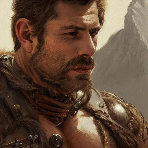 Image similar to portrait of a rugged ranger, coherent hands, handsome, muscular, upper body, leather, hairy torso, d & d, fantasy, intricate, elegant, highly detailed, digital painting, artstation, concept art, smooth, sharp focus, illustration, art by artgerm and greg rutkowski and alphonse mucha